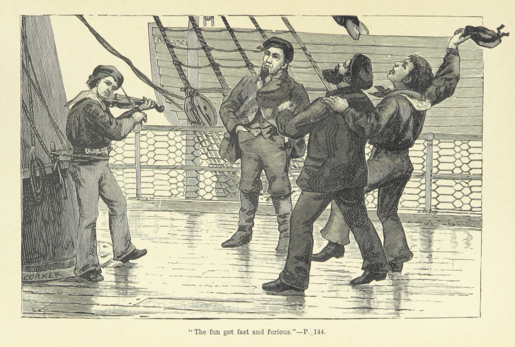 Illustration of sailors singing aboard a tall ship - image from the British Library