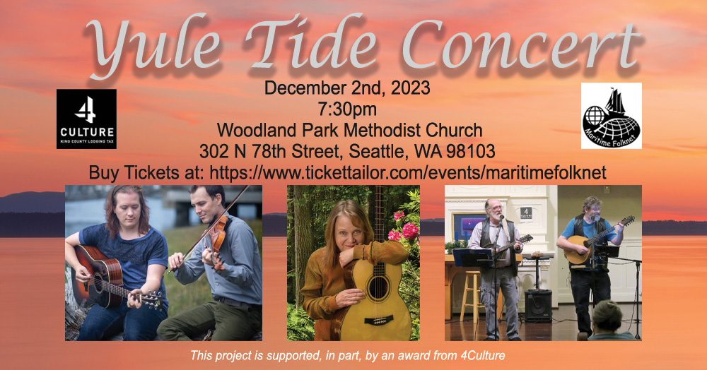 Yule Tide Concert 2023. Saturday December 2nd, 2023. Featuring Kat Eggleston, Countercurrent, and the Whateverly Brothers